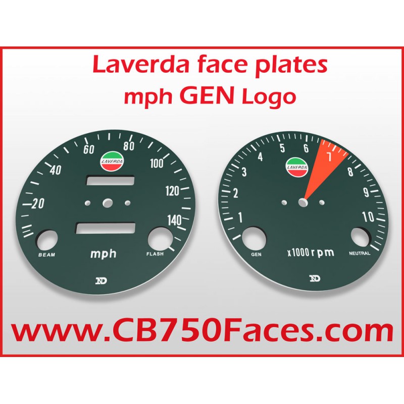 Laverda faceplates for ND gauges MILES/hour, with Laverda logo. Perfect reproduction dials. The tacho meter dial in GEN version. Laverda faceplates for ND gauges MILES/hour, with Laverda logo. Perfect reproduction dials. The tacho meter dial in GEN version.
