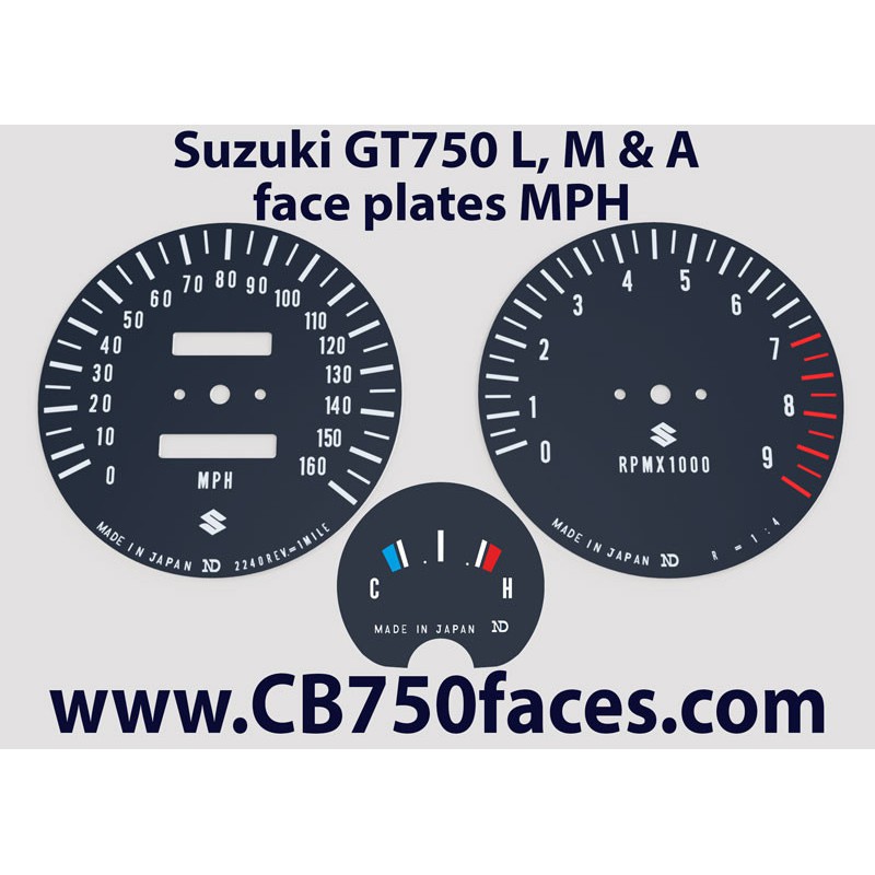 Suzuki GT750 L, M & A face plates mph